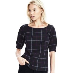 Navy, Pink, White, & Black Plaid Short Sleeved Top  | Banana Republic